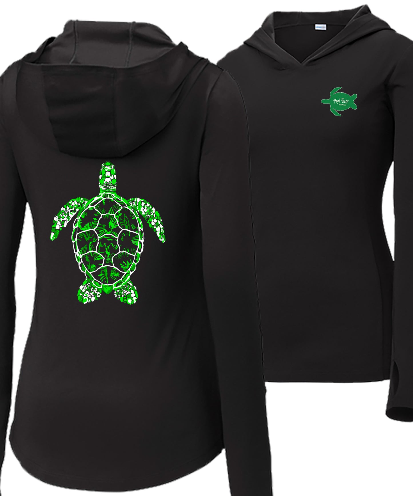 Women’s black long sleeve performance sun hoodie with 50+ UPF, thumb holes, colorful Turtle graphic on back, and Reel Fishy Turtle logo on front.
