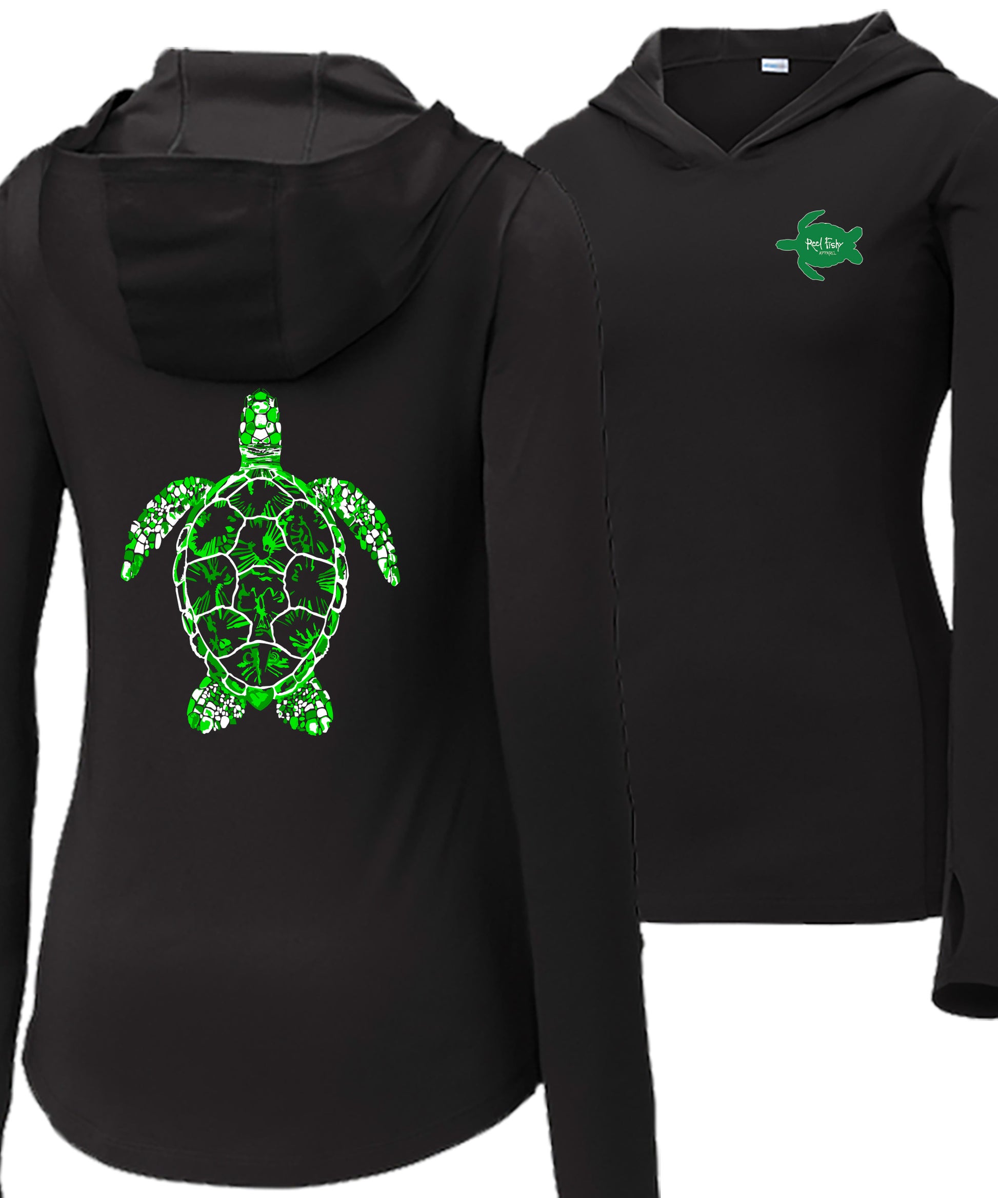 Women’s black long sleeve performance sun hoodie with 50+ UPF, thumb holes, colorful Turtle graphic on back, and Reel Fishy Turtle logo on front.