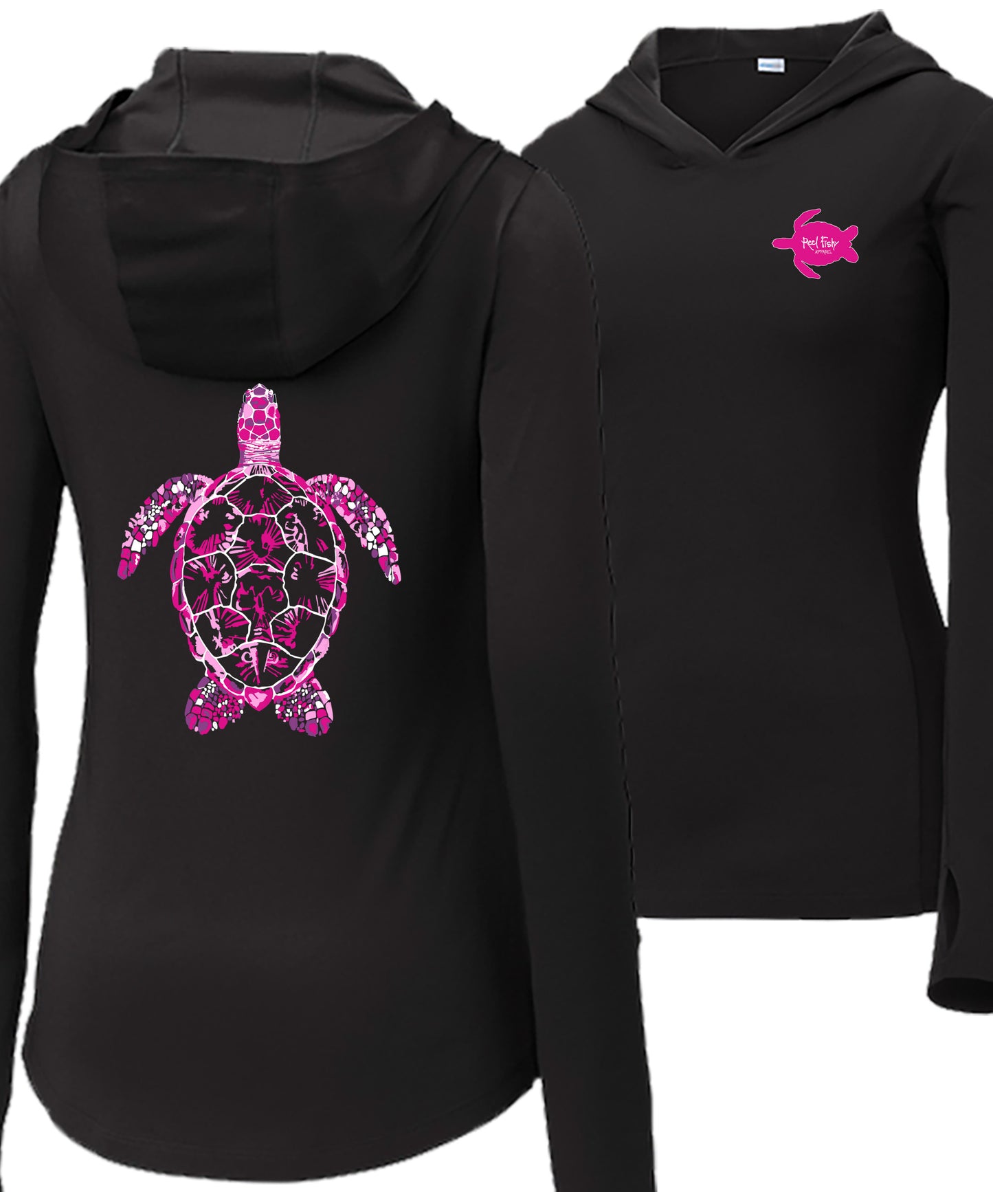 Women’s black long sleeve performance sun hoodie with 50+ UPF, thumb holes, colorful Turtle graphic on back, and Reel Fishy Turtle logo on front.