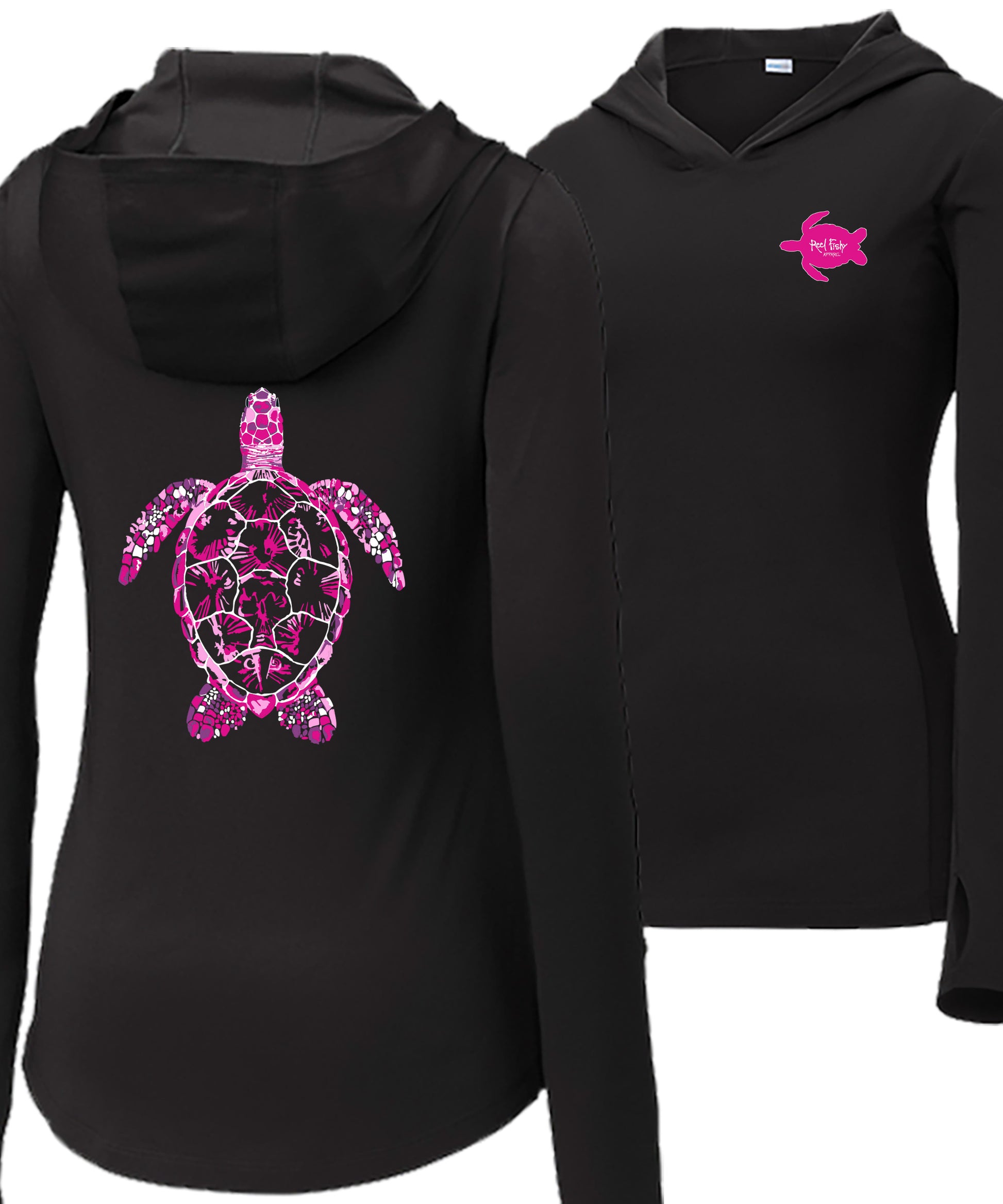 Women’s black long sleeve performance sun hoodie with 50+ UPF, thumb holes, colorful Turtle graphic on back, and Reel Fishy Turtle logo on front.