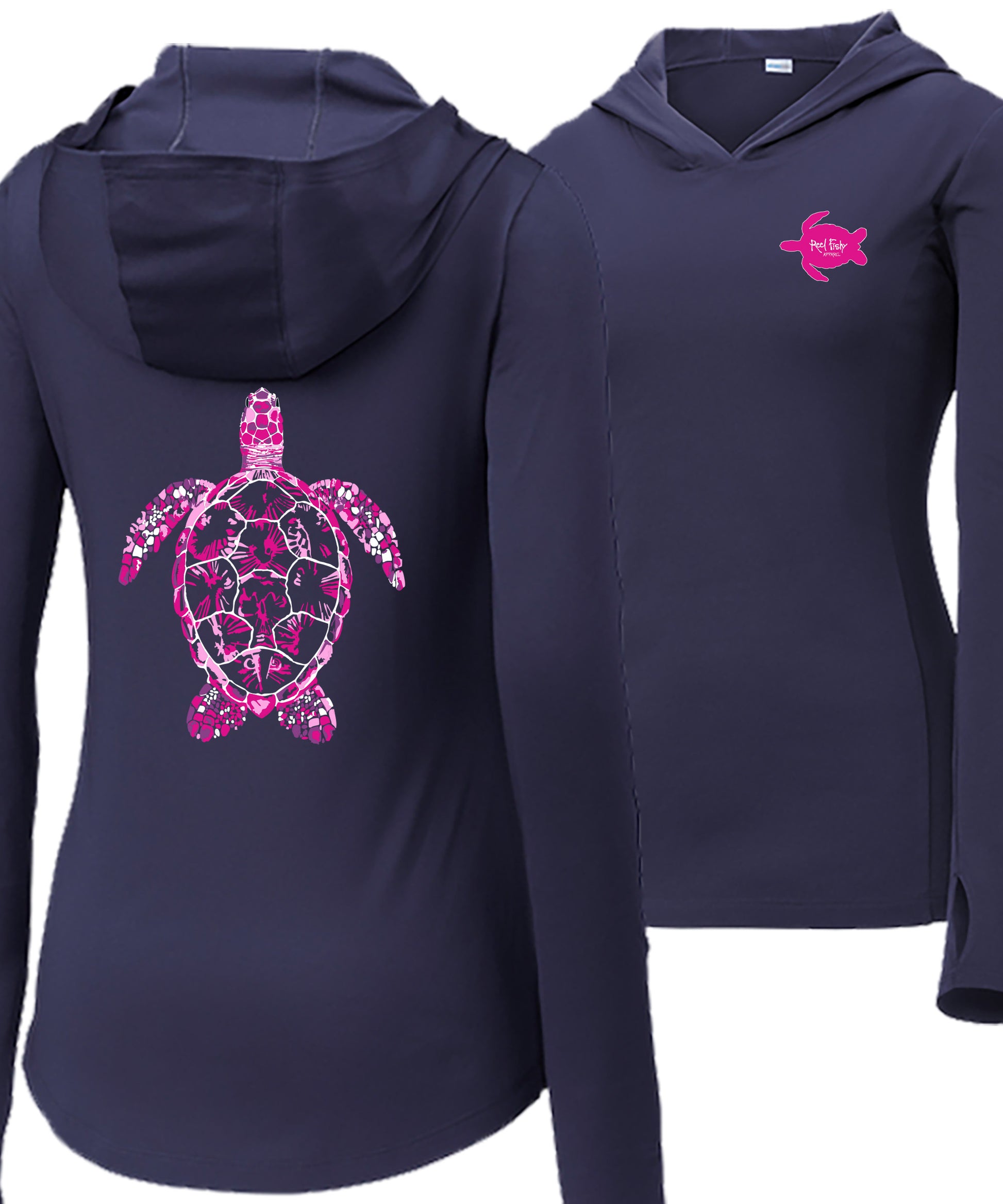 Women’s navy long sleeve performance sun hoodie with 50+ UPF, thumb holes, colorful Turtle graphic on back, and Reel Fishy Turtle logo on front.