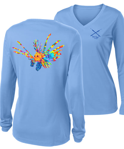 Ladies Lionfish Performance V-neck Long Sleeve Shirts - Lt. Blue