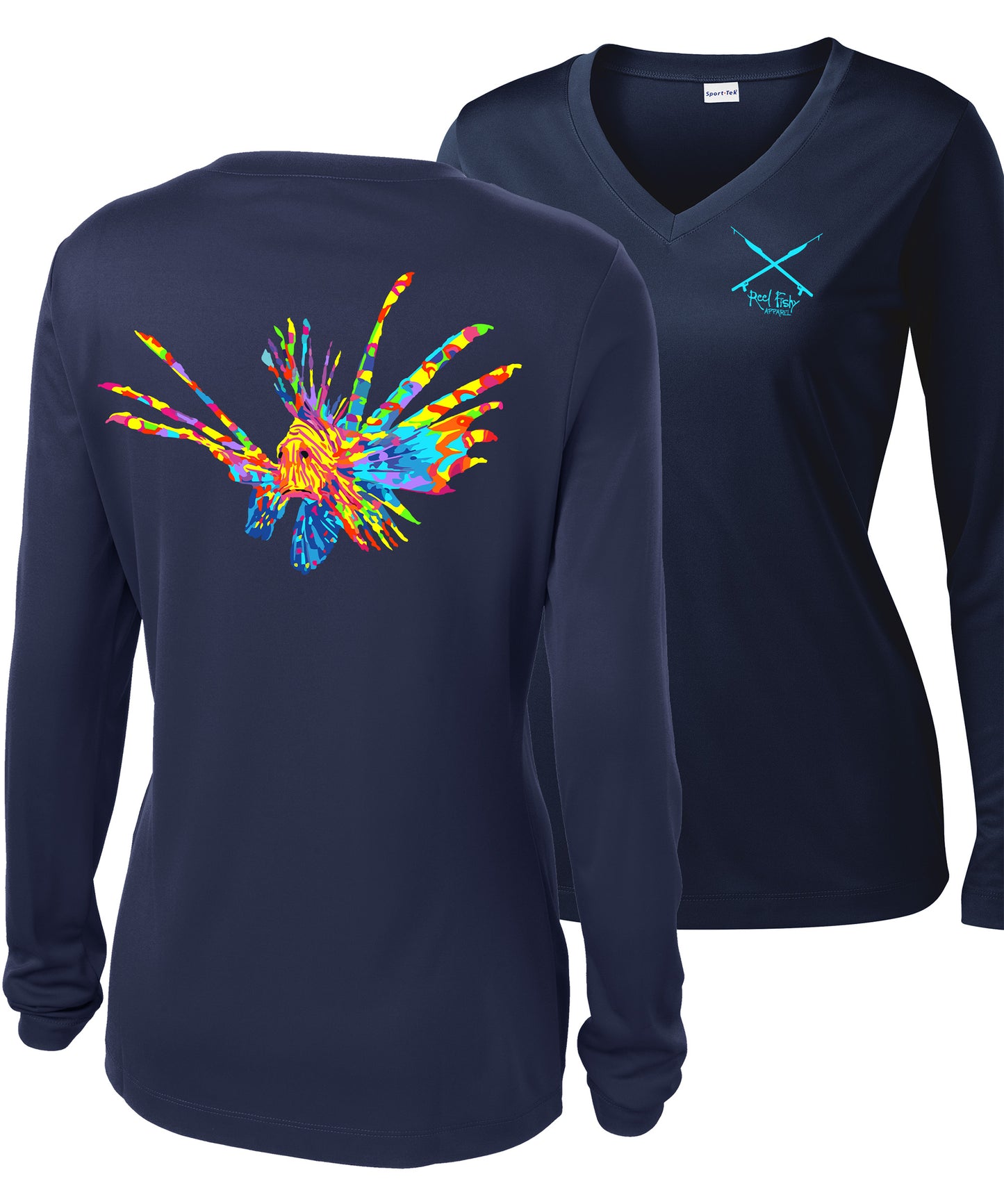 Ladies Lionfish Performance V-neck Long Sleeve Shirts - Navy