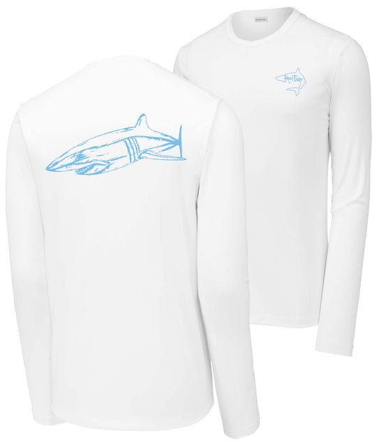 White long sleeve Mako shark performance dry-fit shirt - Reel Fishy Shark on Front