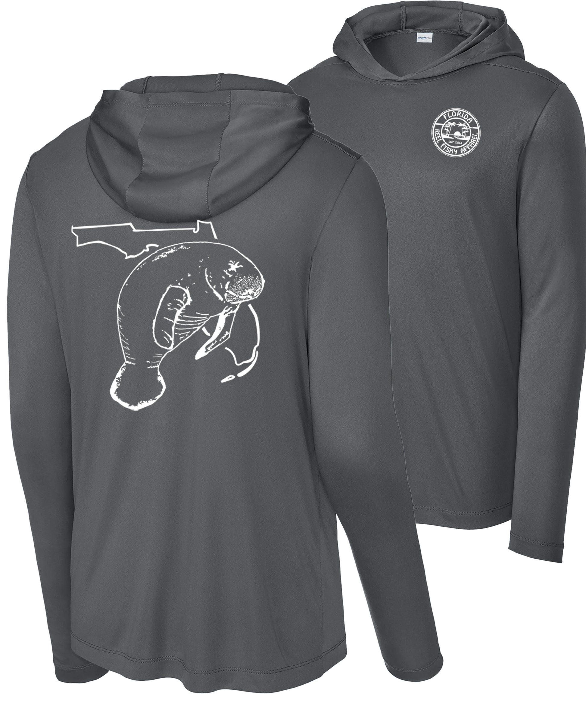 Dark gray long sleeve hoodie with UPF 50 sun protection and Florida Manatee graphic on the back.  Reel Fishy logo on the front left chest.