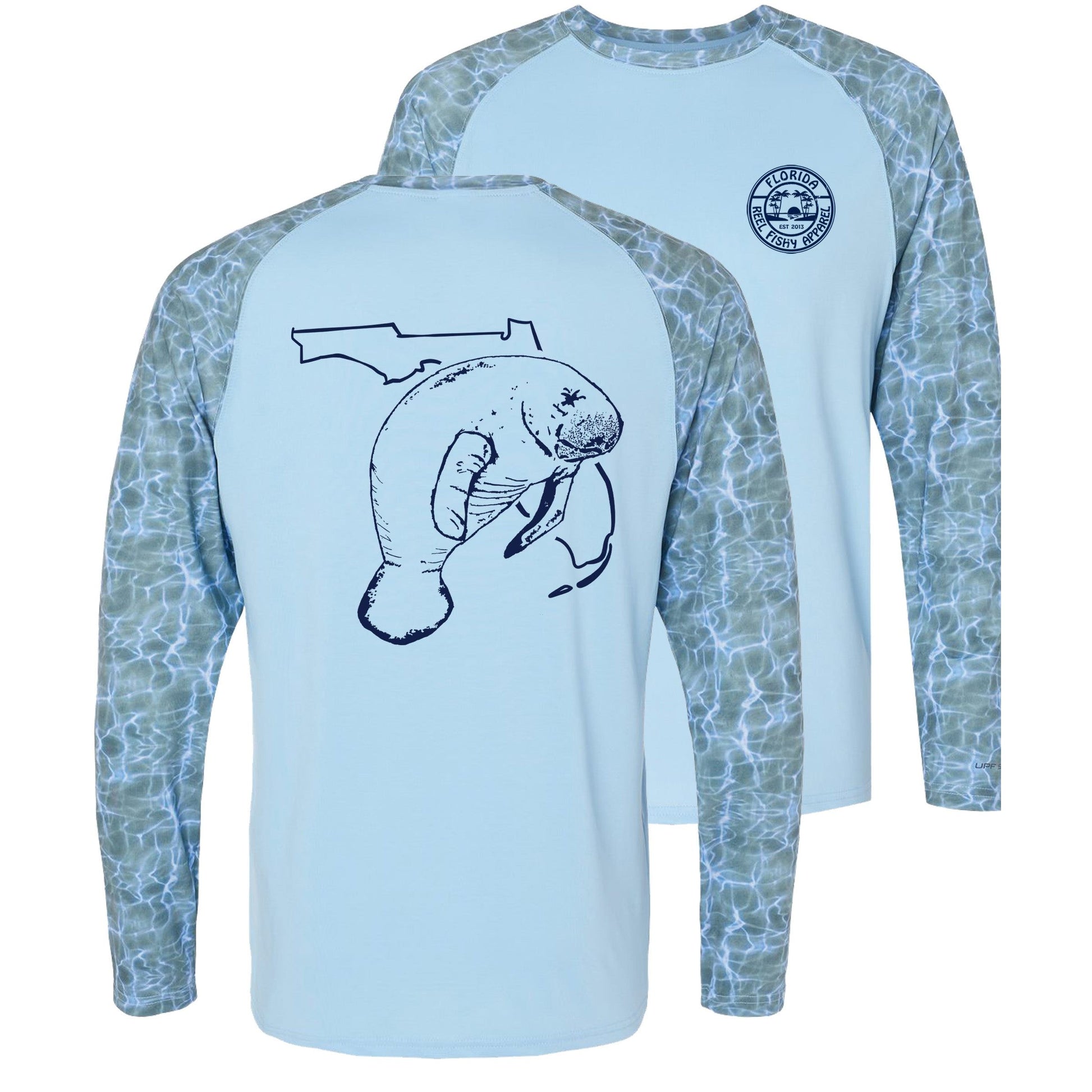 Unisex blue gray water sleeves performance shirt with 50+ UPF, Florida Manatee design on back, Reel Fishy logo on front.