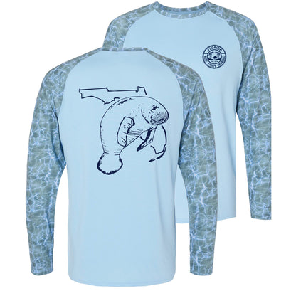 Unisex blue gray water sleeves performance shirt with 50+ UPF, Florida Manatee design on back, Reel Fishy logo on front.