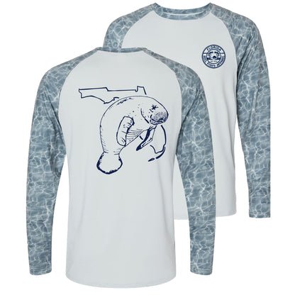 Unisex light gray water sleeves performance shirt with 50+ UPF, Florida Manatee design on back, Reel Fishy logo on front.