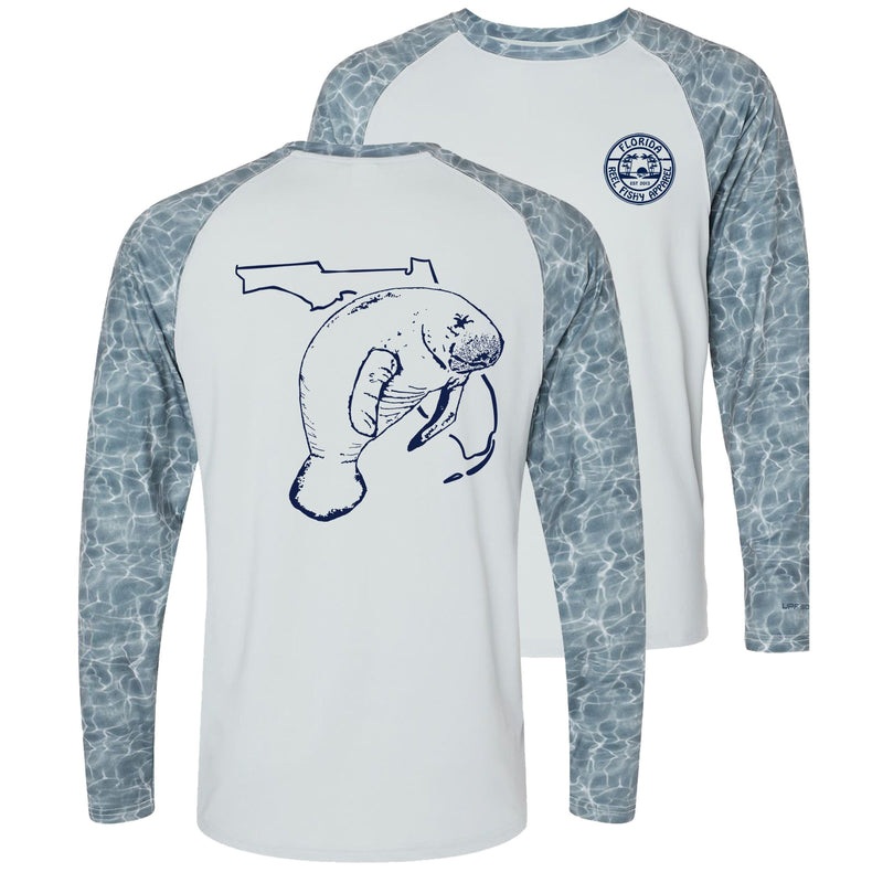 Unisex light gray water sleeves performance shirt with 50+ UPF, Florida Manatee design on back, Reel Fishy logo on front.