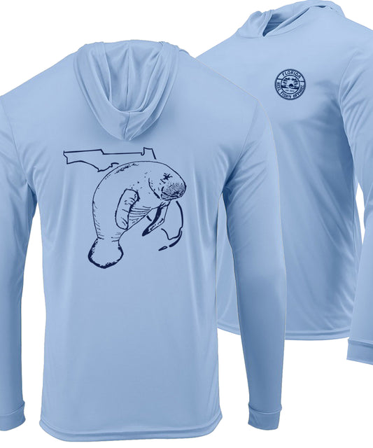 Light blue long sleeve hoodie with UPF 50 sun protection and Florida Manatee graphic on the back.  Reel Fishy logo on the front left chest.