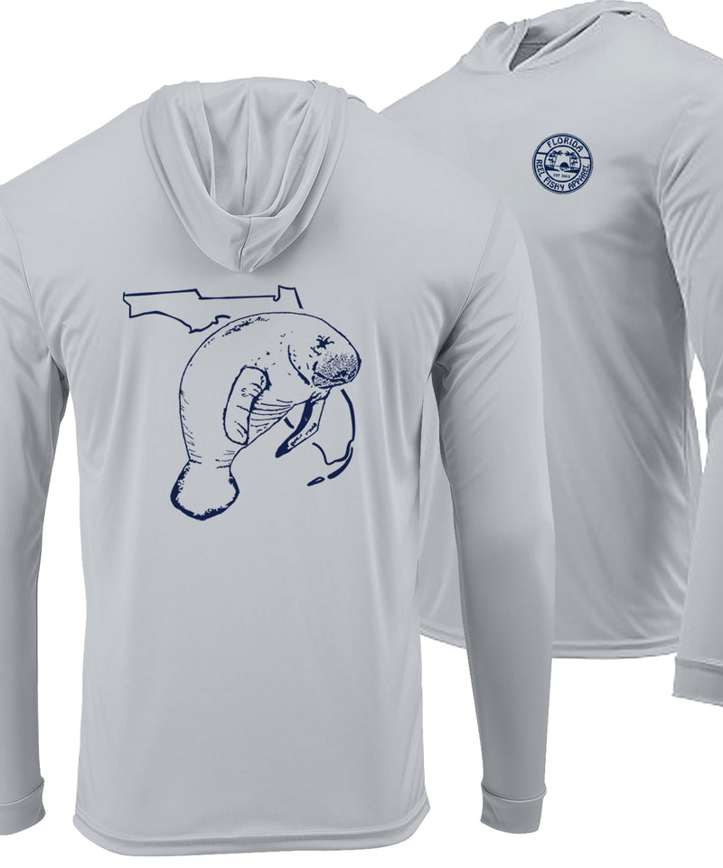 Light gray long sleeve hoodie with UPF 50 sun protection and Florida Manatee graphic on the back.  Reel Fishy logo on the front left chest.