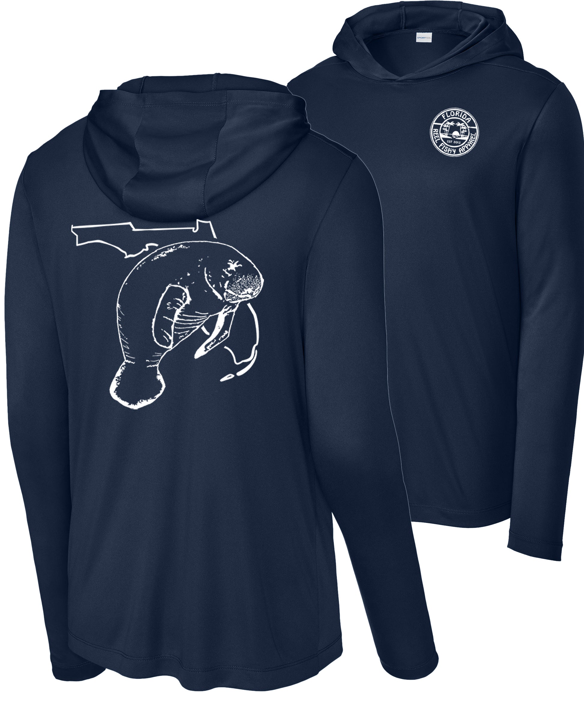 Navy long sleeve hoodie with UPF 50 sun protection and Florida Manatee graphic on the back.  Reel Fishy logo on the front left chest.