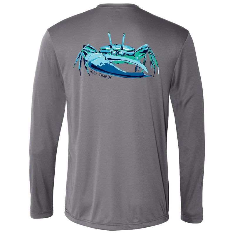 Unisex gray long sleeve performance shirt with 50+ UPF, colorful fiddler crab design on back, Reel Fishy crab logo on front.