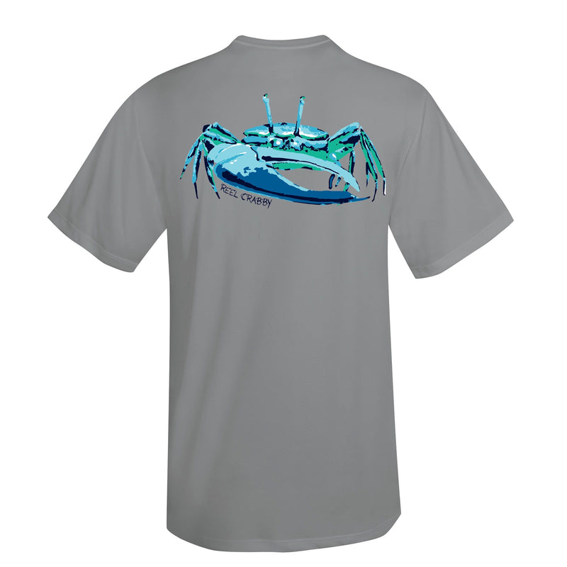 Unisex gray short sleeve performance shirt with 50+ UPF, colorful fiddler crab design on back, Reel Fishy crab logo on front.