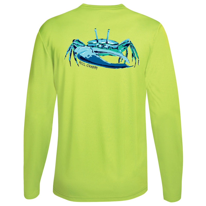 Unisex neon yellow long sleeve performance shirt with 50+ UPF, colorful fiddler crab design on back, Reel Fishy crab logo on front.