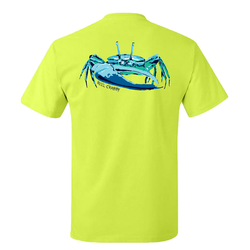 Unisex neon yellow short sleeve performance shirt with 50+ UPF, colorful fiddler crab design on back, Reel Fishy crab logo on front.