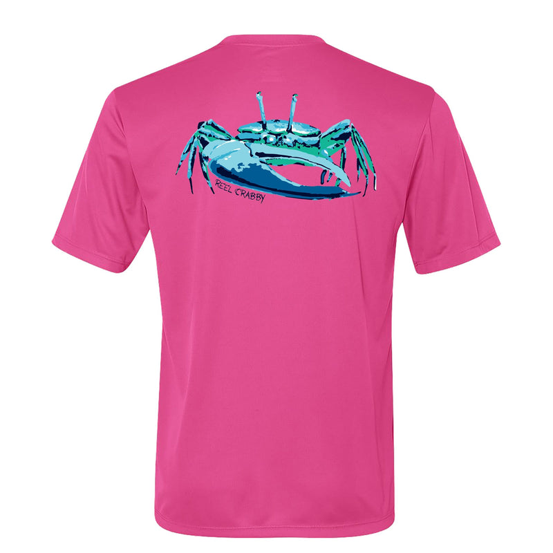 Unisex pink short sleeve performance shirt with 50+ UPF, colorful fiddler crab design on back, Reel Fishy crab logo on front.