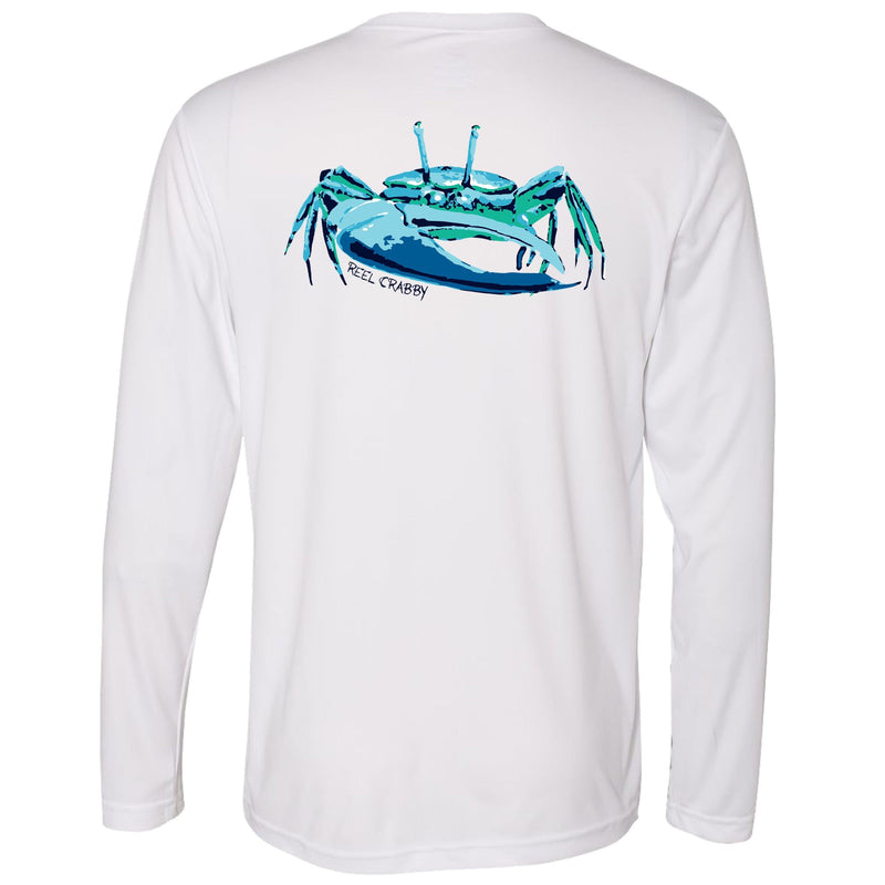 Unisex white long sleeve performance shirt with 50+ UPF, colorful fiddler crab design on back, Reel Fishy crab logo on front.