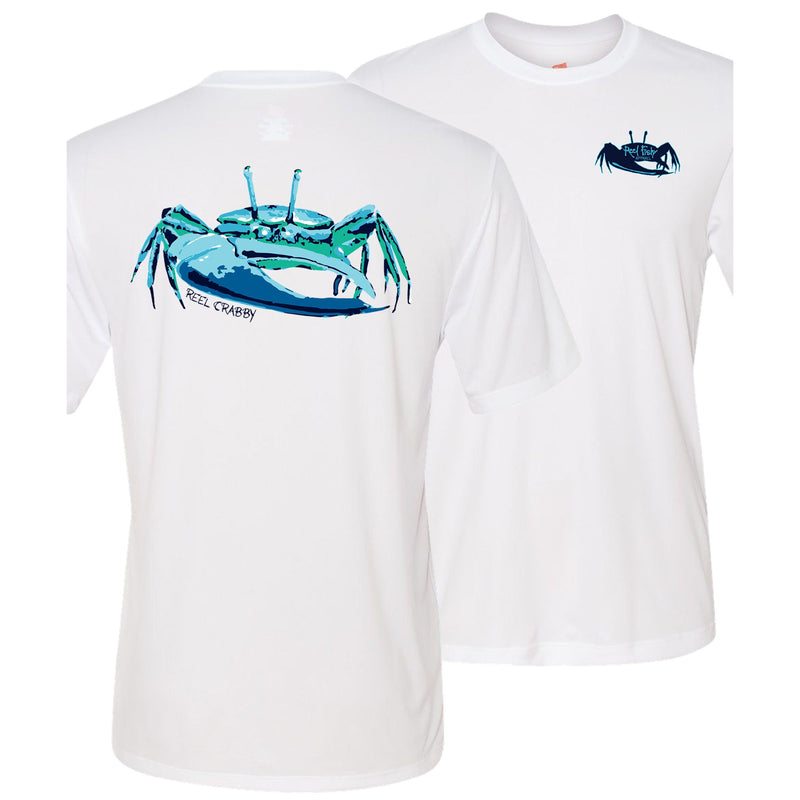 Unisex white short sleeve performance shirt with 50+ UPF, colorful fiddler crab design on back, Reel Fishy crab logo on front.