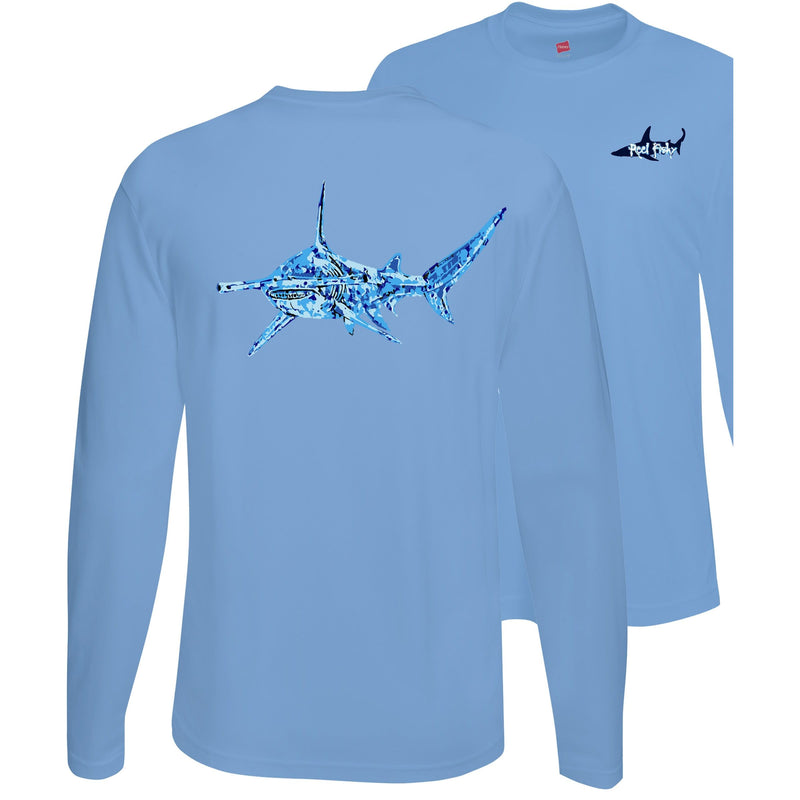 Unisex light blue long sleeve performance shirt with 50+ UPF, colorful hammerhead shark design on back, Reel Fishy shark logo on front.
