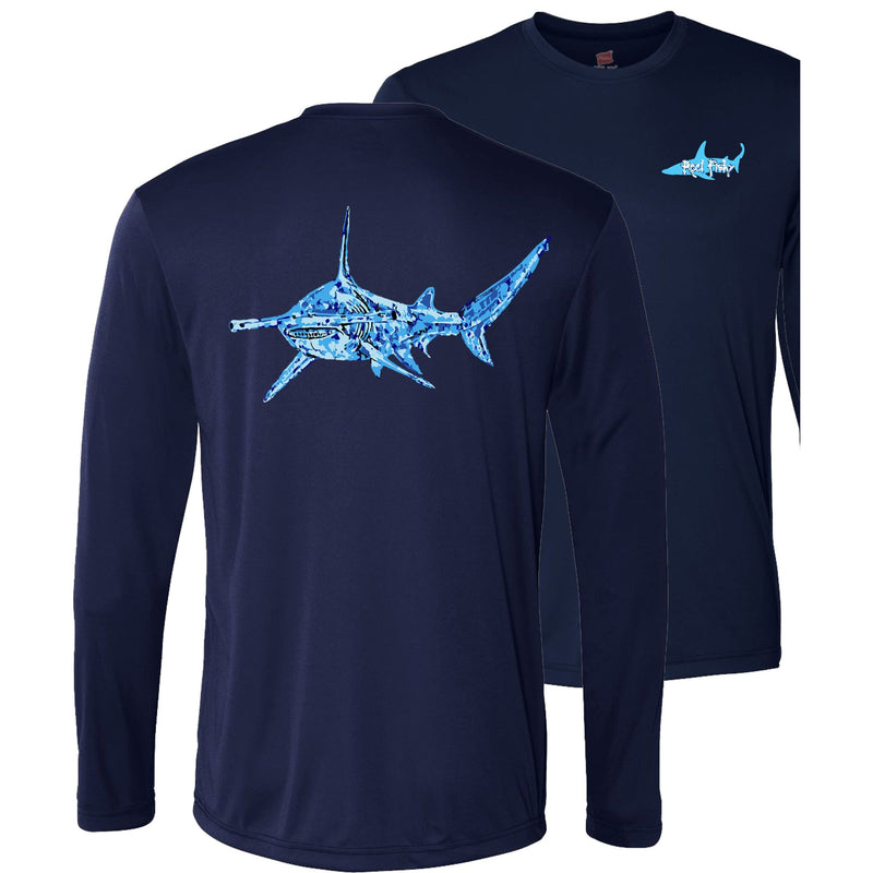 Unisex navy long sleeve performance shirt with 50+ UPF, colorful hammerhead shark design on back, Reel Fishy shark logo on front.