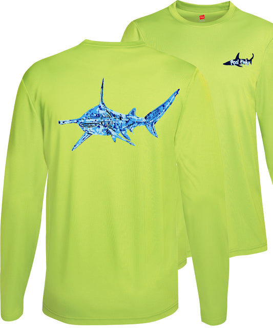 Unisex neon yellow long sleeve performance shirt with 50+ UPF, colorful hammerhead shark design on back, Reel Fishy shark logo on front.