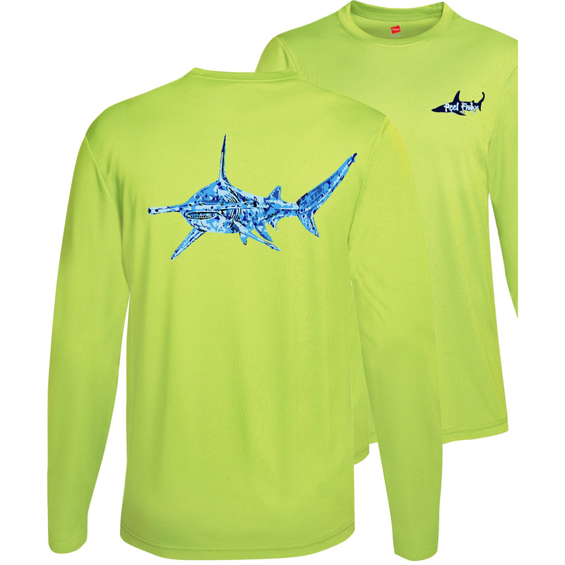 Unisex neon yellow long sleeve performance shirt with 50+ UPF, colorful hammerhead shark design on back, Reel Fishy shark logo on front.