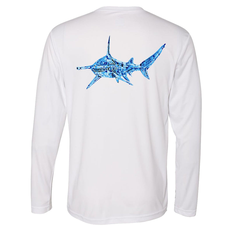 Unisex white long sleeve performance shirt with 50+ UPF, colorful hammerhead shark design on back, Reel Fishy shark logo on front.