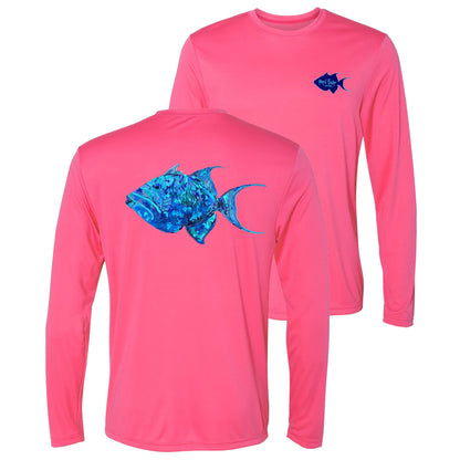 Unisex pink long sleeve performance shirt with 50+ UPF, colorful triggerfish design on back, Reel Fishy logo on front.