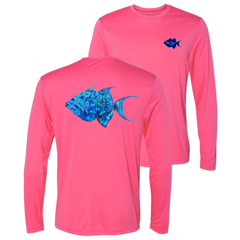 Unisex pink long sleeve performance shirt with 50+ UPF, colorful triggerfish design on back, Reel Fishy logo on front.