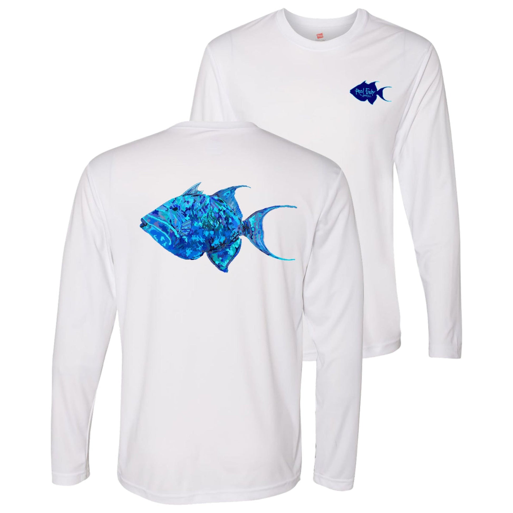 Unisex white long sleeve performance shirt with 50+ UPF, colorful triggerfish design on back, Reel Fishy logo on front.