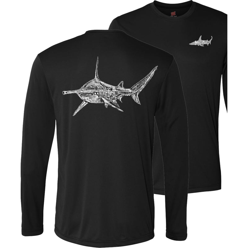 Unisex black long sleeve performance shirt with 50+ UPF, hammerhead shark design on back, Reel Fishy shark logo on front.