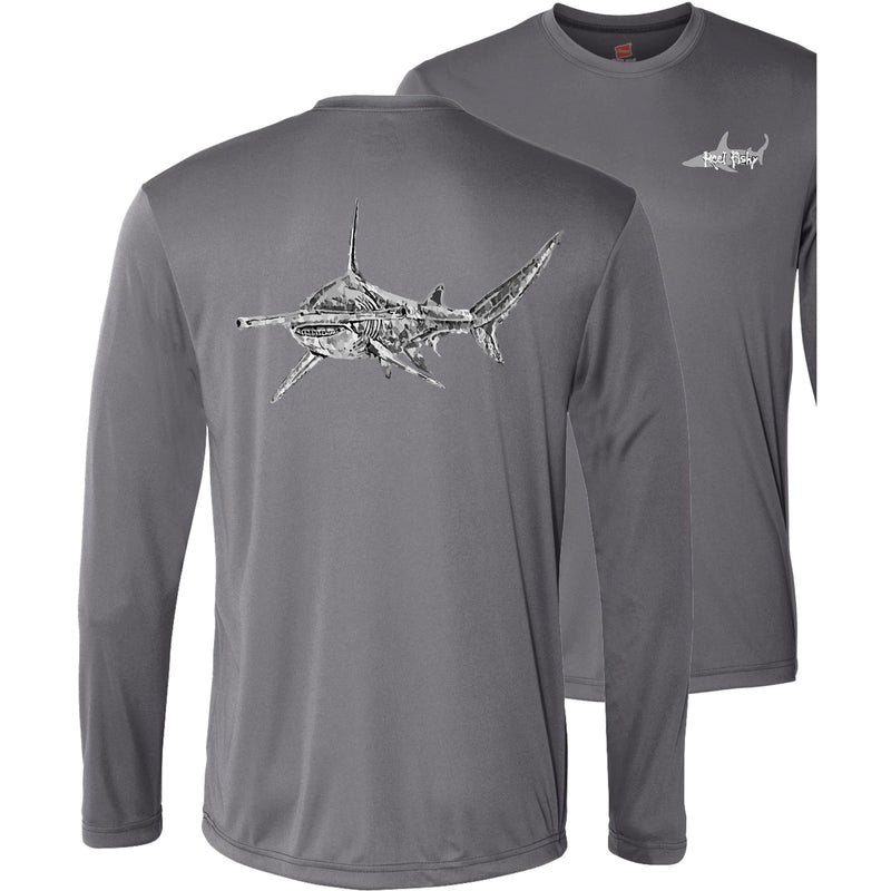 Unisex gray long sleeve performance shirt with 50+ UPF, hammerhead shark design on back, Reel Fishy shark logo on front.