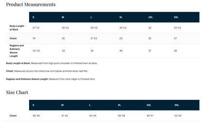 A product measurement chart showing body length, chest, and raglan and dolman sleeve length measurements for sizes S through 3XL, with a size chart table below.