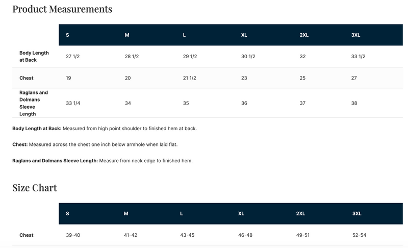A product measurement chart showing body length, chest, and raglan and dolman sleeve length measurements for sizes S through 3XL, with a size chart table below.