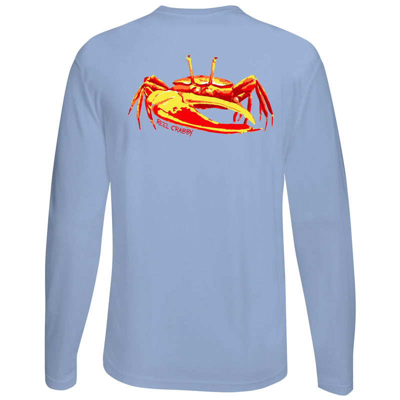 Unisex light blue long sleeve performance shirt with 50+ UPF, colorful fiddler crab design on back, Reel Fishy crab logo on front.