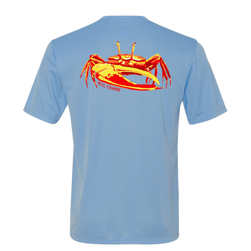 Unisex light blue short sleeve performance shirt with 50+ UPF, colorful fiddler crab design on back, Reel Fishy crab logo on front.
