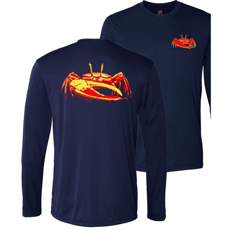 Unisex navy long sleeve performance shirt with 50+ UPF, colorful fiddler crab design on back, Reel Fishy crab logo on front.