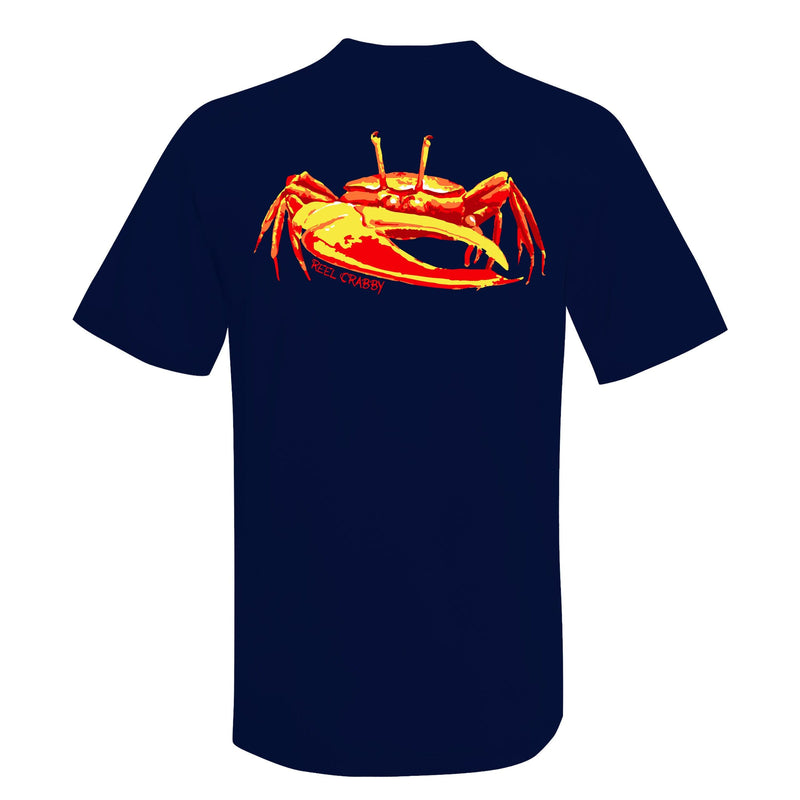 Unisex navy short sleeve performance shirt with 50+ UPF, colorful fiddler crab design on back, Reel Fishy crab logo on front.