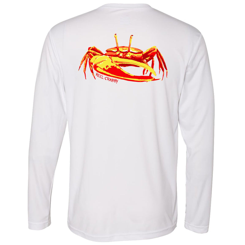 Unisex white long sleeve performance shirt with 50+ UPF, colorful fiddler crab design on back, Reel Fishy crab logo on front.