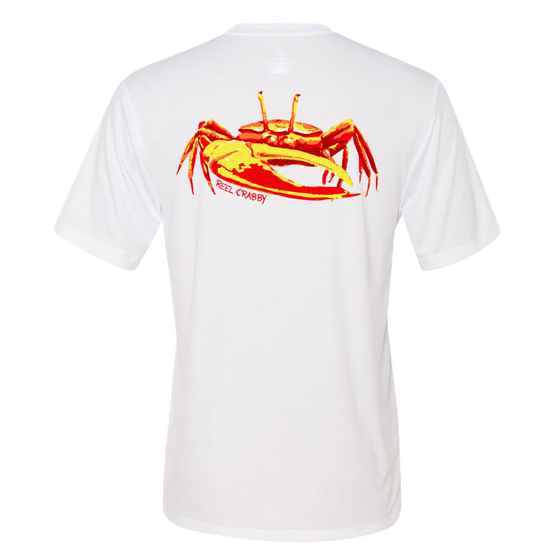 Unisex white short sleeve performance shirt with 50+ UPF, colorful fiddler crab design on back, Reel Fishy crab logo on front.