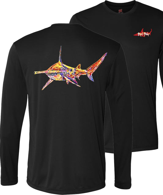 Unisex black long sleeve performance shirt with 50+ UPF, colorful hammerhead shark design on back, Reel Fishy shark logo on front.