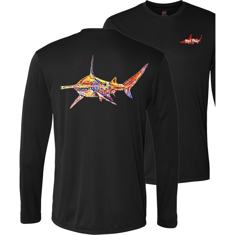 Unisex black long sleeve performance shirt with 50+ UPF, colorful hammerhead shark design on back, Reel Fishy shark logo on front.
