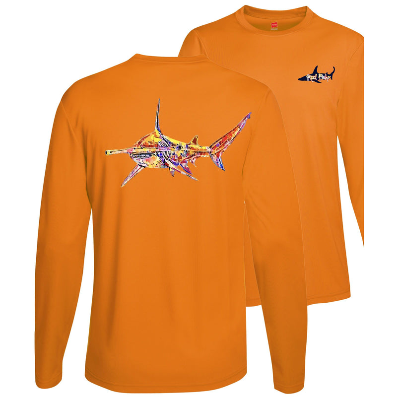 Unisex neon orange long sleeve performance shirt with 50+ UPF, colorful hammerhead shark design on back, Reel Fishy shark logo on front.