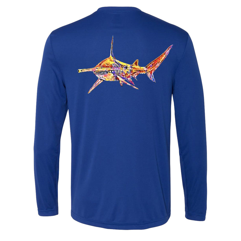 Unisex royal blue long sleeve performance shirt with 50+ UPF, colorful hammerhead shark design on back, Reel Fishy shark logo on front.