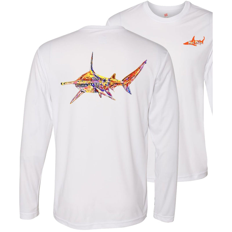 Unisex white long sleeve performance shirt with 50+ UPF, colorful hammerhead shark design on back, Reel Fishy shark logo on front.