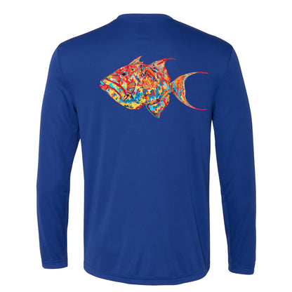 Unisex royal blue long sleeve performance shirt with 50+ UPF, colorful triggerfish design on back, Reel Fishy logo on front.