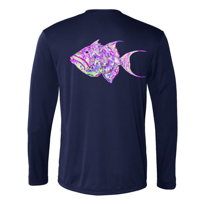 Unisex navy blue long sleeve performance shirt with 50+ UPF, colorful triggerfish design on back, Reel Fishy logo on front.