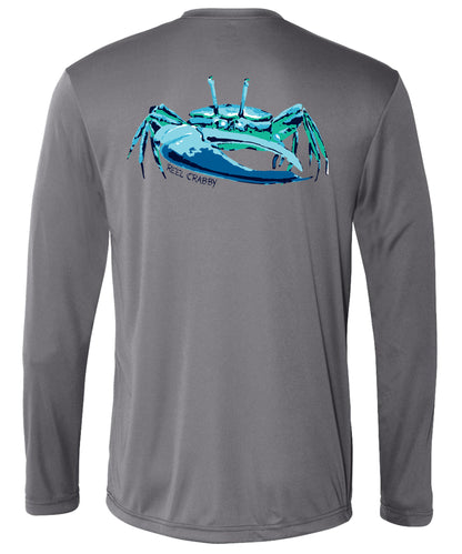 Unisex gray long sleeve performance shirt with 50+ UPF, colorful fiddler crab design on back, Reel Fishy crab logo on front.