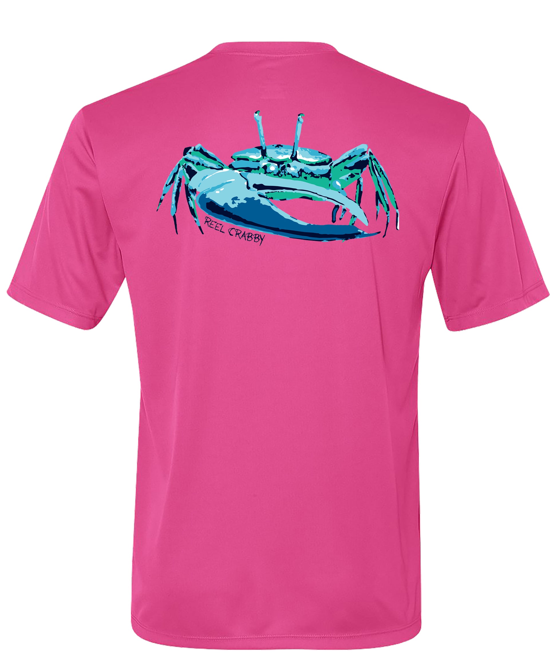 Unisex pink short sleeve performance shirt with 50+ UPF, colorful fiddler crab design on back, Reel Fishy crab logo on front.